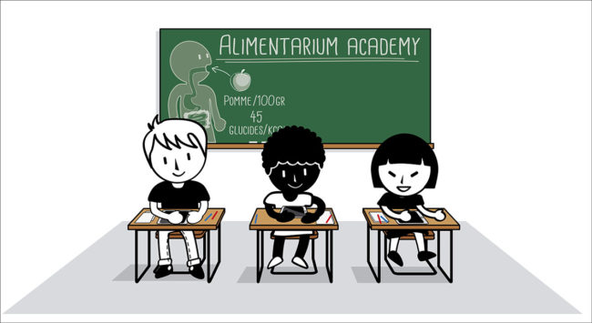 illustration flat design de 3 élèves dans une classe