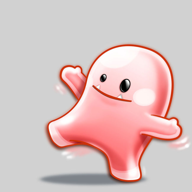 mascotte rose qui marche sur fond gris