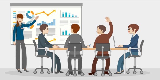 dessin en flat design d'une réunion de travail dans style flat design pour représenter la formation