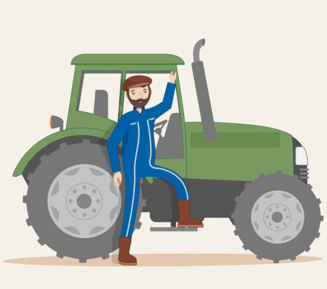 dessin en flat design d'un agriculteur devant son tracteur