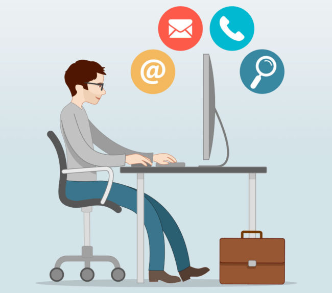 dessin en flat design d'un graphiste indépandant qui travaille chez lui