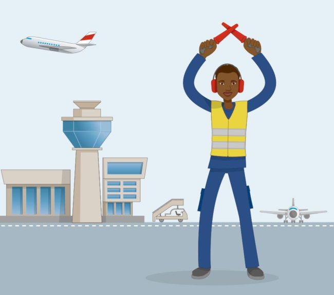 illustration vectorielle en flat design pour représenter AERONOTIQUE d'un homme dans un aéroport à Nantes