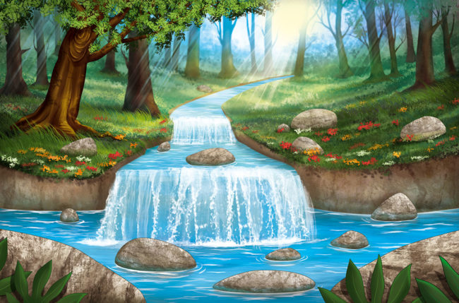 illustration pour un décor des pokemon avec une foret et une cascade