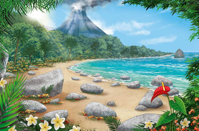 illustration de plage et volcan pour un décor des pokemon