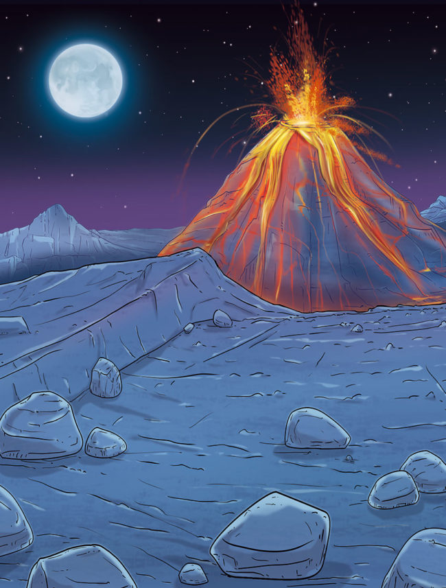 illustration avec photoshop pour un décor des pokemon avec un volcan et de la lave et la lune de nuit