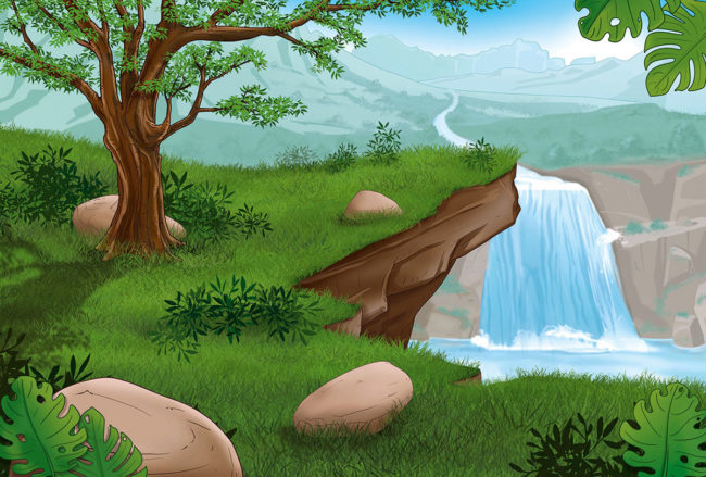 illustration de falaise et cascade au fond pour pokemon magazine