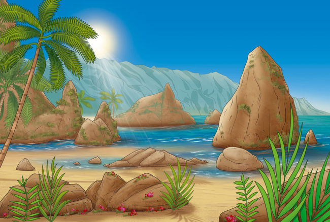 illustration pour un décor des pokemon avec une plage tropicale ensoleillée et des rochers