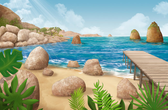 illustration de plage et ponton pour pokemon magazine