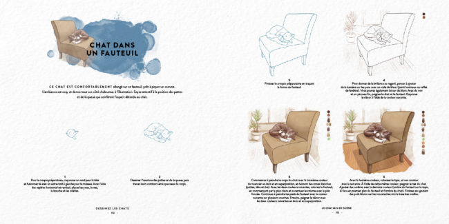 Livre dessinez les chats Dessin & Tolra, aquarelle d'un chat couché