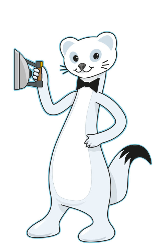 mascotte hermine blanche avec un fer à repasser