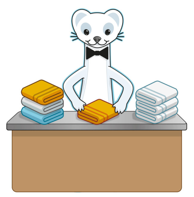 mascotte d'une hermine qui plie du linge