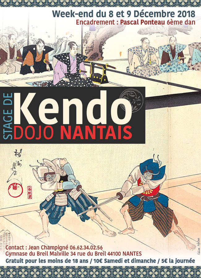 Affiche du stage de kendo 2018 avec Pascal Poteau à Nantes réalisé avec du graphisme et une illustration de Fabien MOLINA
