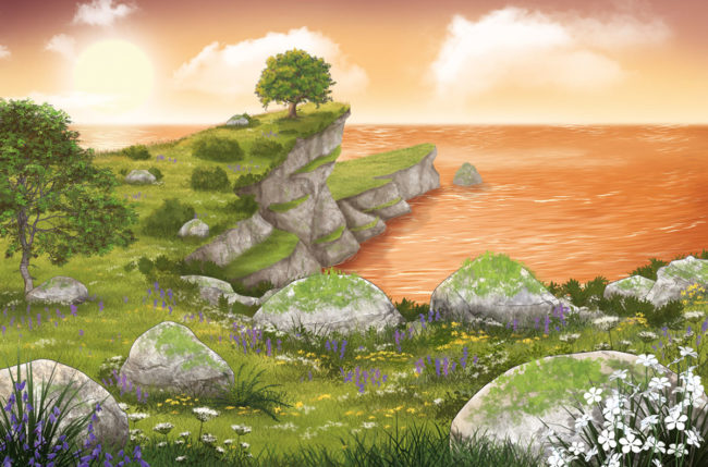 dessin décor pour pokemon sur-une-falaise-au-dessus-de-la-mer-soleil-couchant